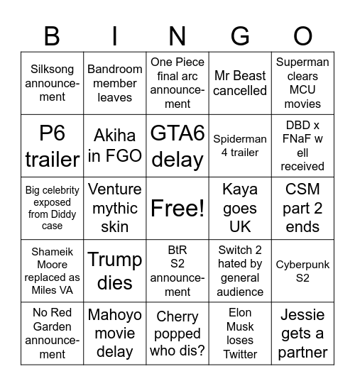 2025 Bingo Card