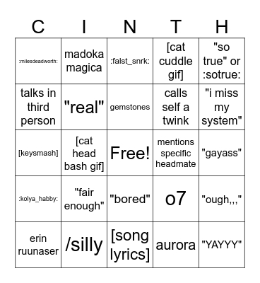 things eurycinth says Bingo Card