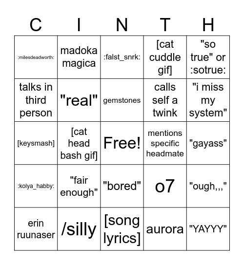 things eurycinth says Bingo Card