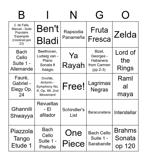 Music Bingo Card