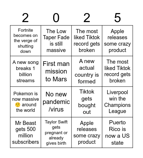 2025 Bingo Card Bingo Card