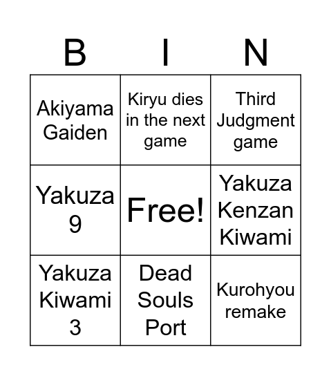 2025-2027 Yakuza Bingo Card