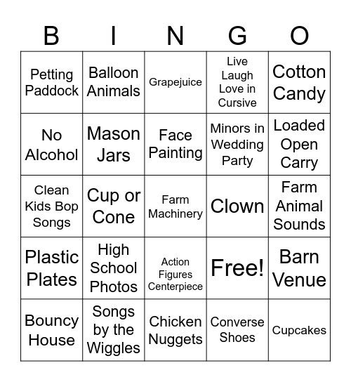 Child Wedding Bingo Card