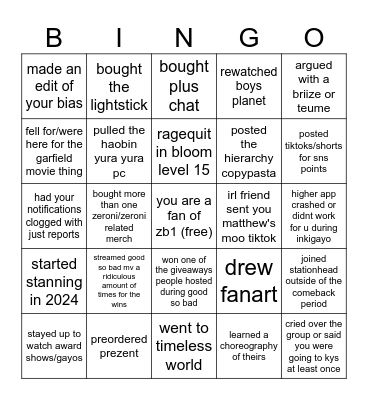 2024 zerose bingo Card