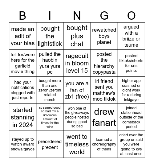 2024 zerose bingo Card