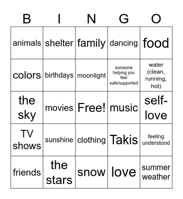 Gratitude List Bingo Card