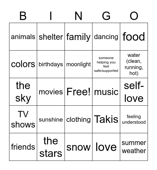 Gratitude List Bingo Card