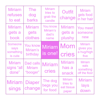 Miriam’s Birthday Bingo Card