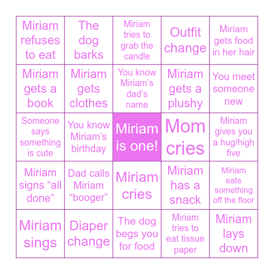 Miriam’s Birthday Bingo Card
