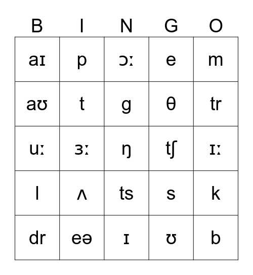 Phonetic Symbols Bingo Card