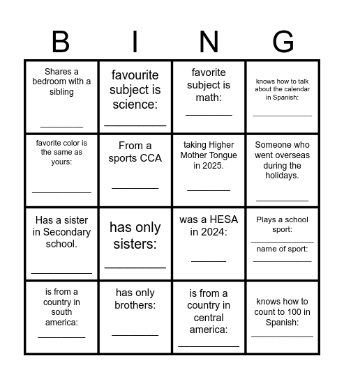 6th Grade IceBreaker Bingo Card