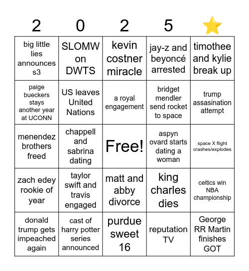 Evan and Libby 2025 Bingo Card