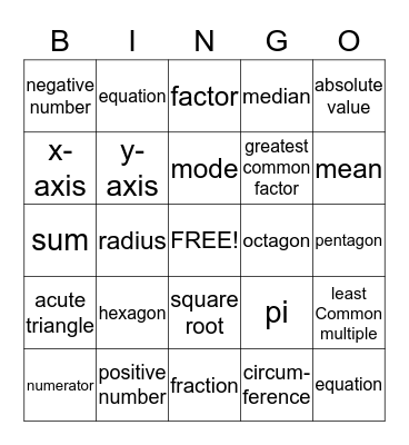 Seventh Grade Math Terms Bingo Card