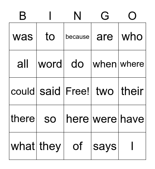 Tricky Word Bingo Card