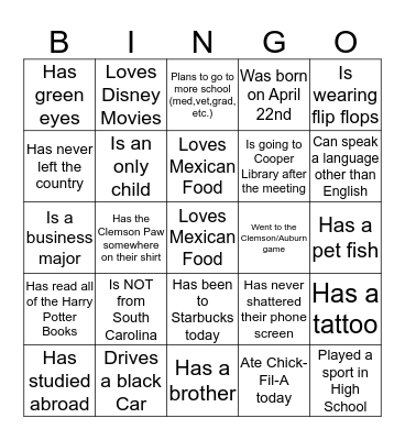 CLEMSONLiVE Bingo Card