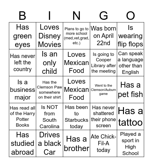 CLEMSONLiVE Bingo Card