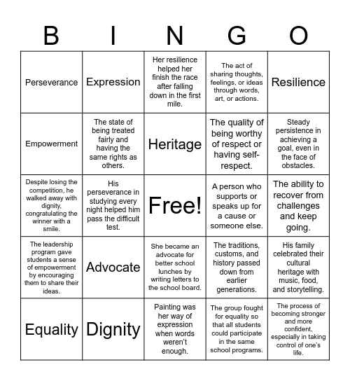 Vocabulary BINGO Card