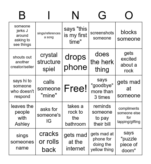 Jeremy's Sells Rocks #1 Bingo Card