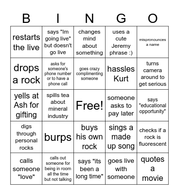 Jeremy sells rocks #3 Bingo Card