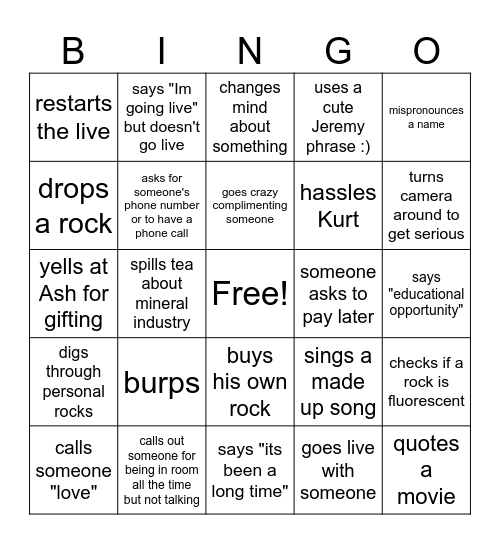 Jeremy sells rocks #3 Bingo Card