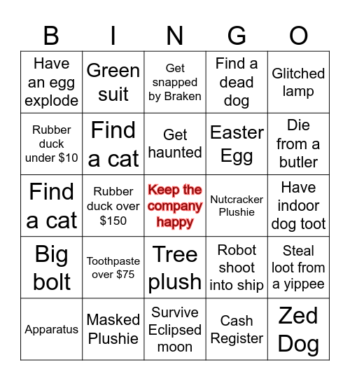 Lethal Company Bingo Card