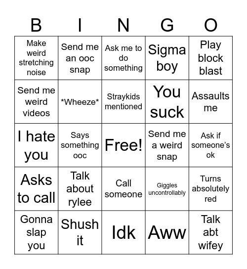 Raylin Bingo Card