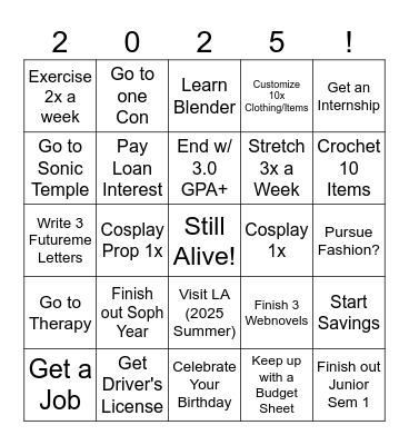 Ami's 2025 New Years Resolutions Bingo Card