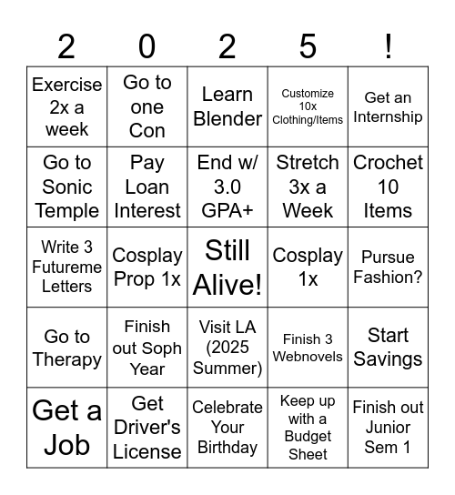 Ami's 2025 New Years Resolutions Bingo Card