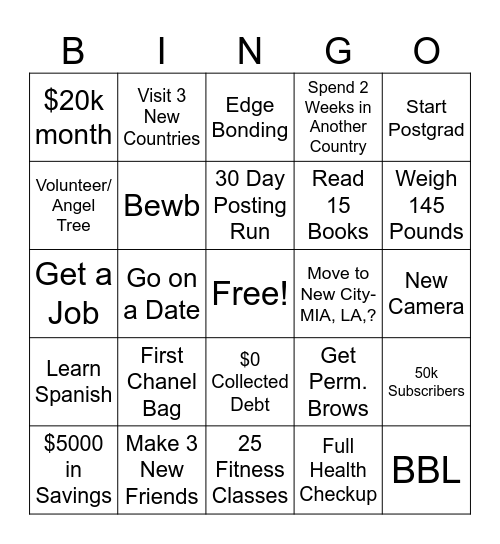2025 Goals Bingo Card