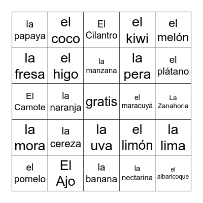 Las Frutas y Verduras Bingo Card