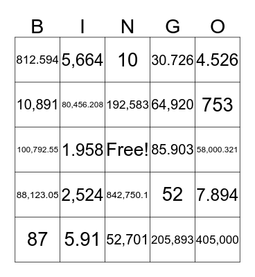 PLACE VALUE BINGO Card