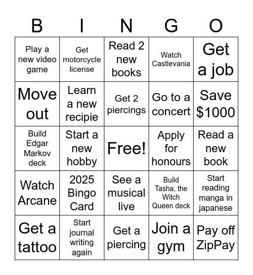 2025 Resolutions Bingo Card