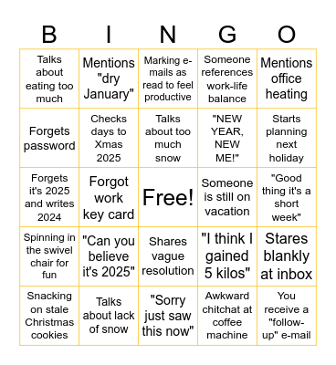 First Work Week after New Years Bingo Card