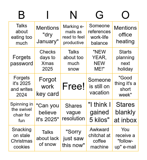 First Work Week after New Years Bingo Card