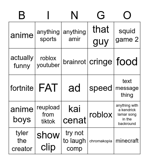 youtube shorts bingo Card