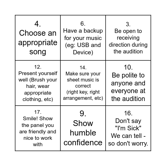 AUDITION BINGO Card