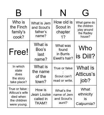 TKAM : Chapters 1 to 3 Bingo Card