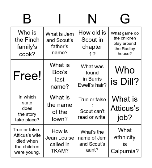 TKAM : Chapters 1 to 3 Bingo Card