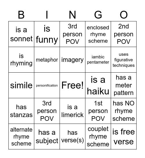 Winter Poetry Workshop ⛄ ⛄ Bingo Card