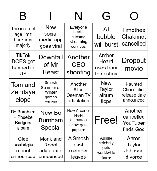 2025 Pop Culture Bingo Card