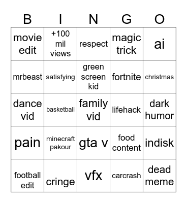 YT Shorts Bingo Card