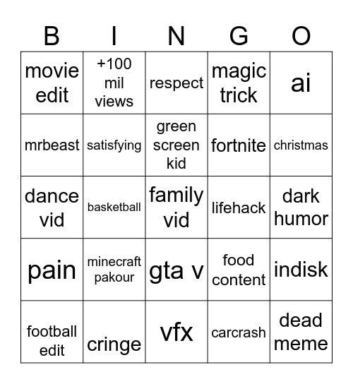 YT Shorts Bingo Card