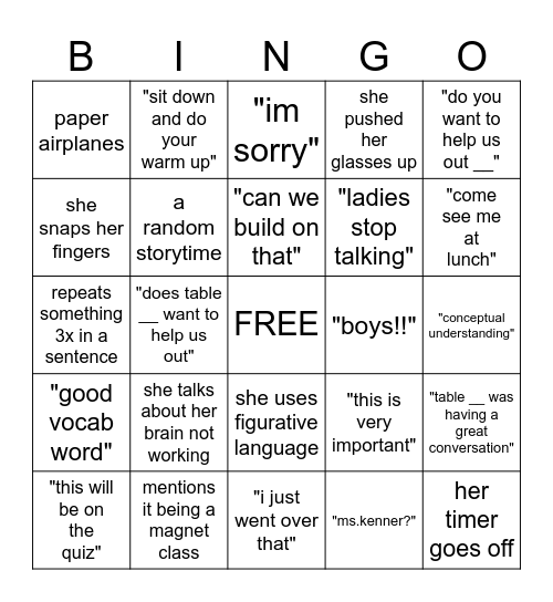 math Bingo Card