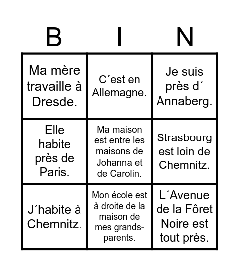 Bingo: les prépositions Bingo Card