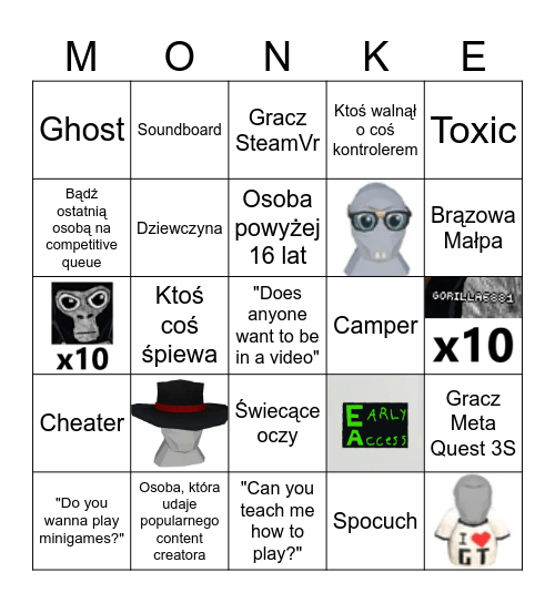 Gorilla Tag Bingo (Polskie) Bingo Card