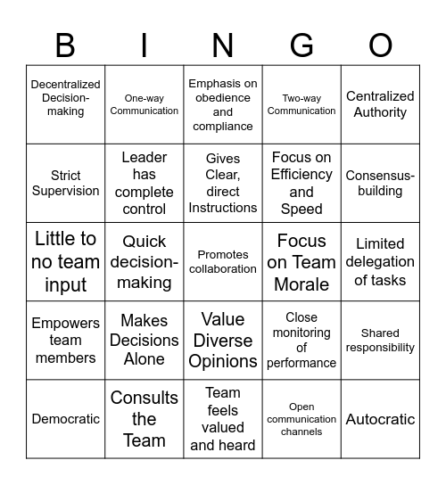 LEADERSHIP STYLE Bingo Card