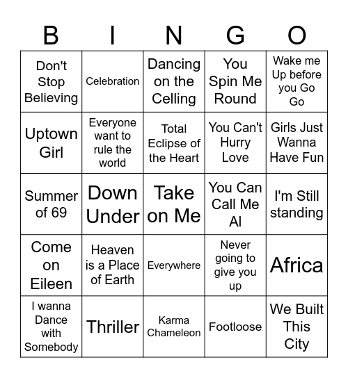 Music Bingo // 80's Bingo Card
