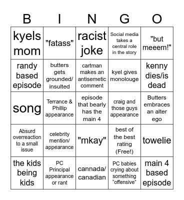 South Park Bingo Card