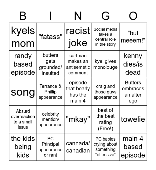 South Park Bingo Card