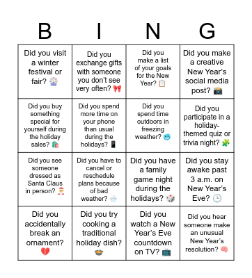 After winter break Bingo Card